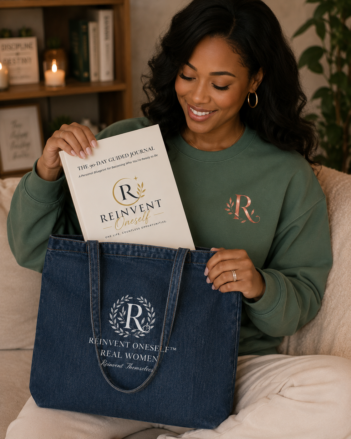 Woman placing the 90-Day Guided Journal into the Real Women denim tote