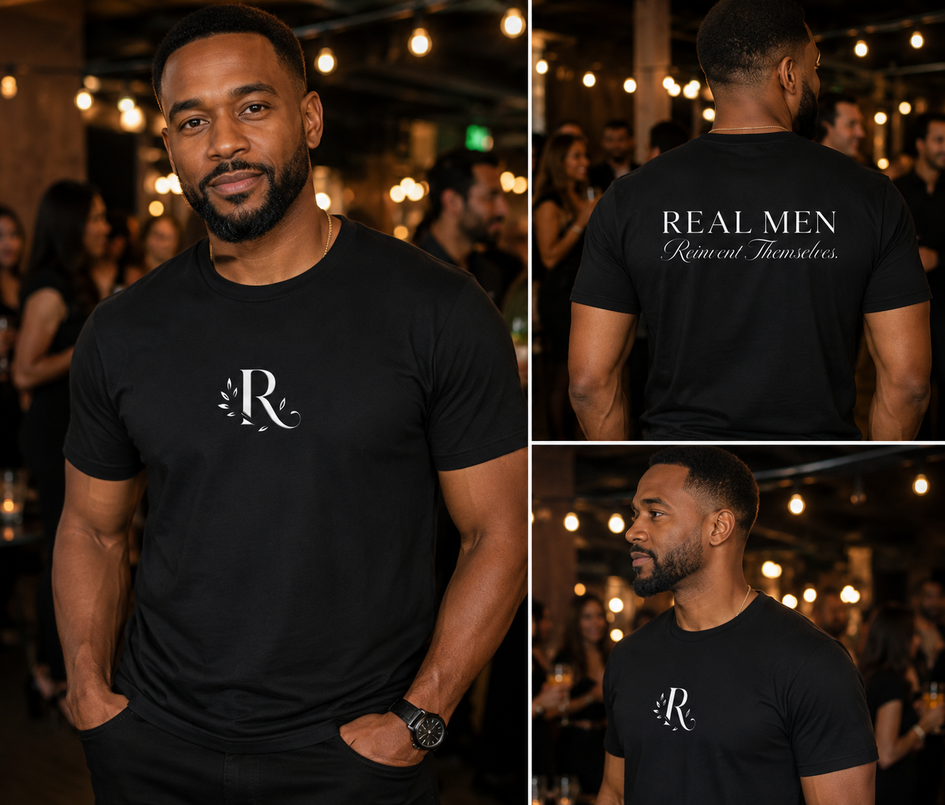 Man wearing the black Real Men Reinvent Themselves tee, front, back and profile views