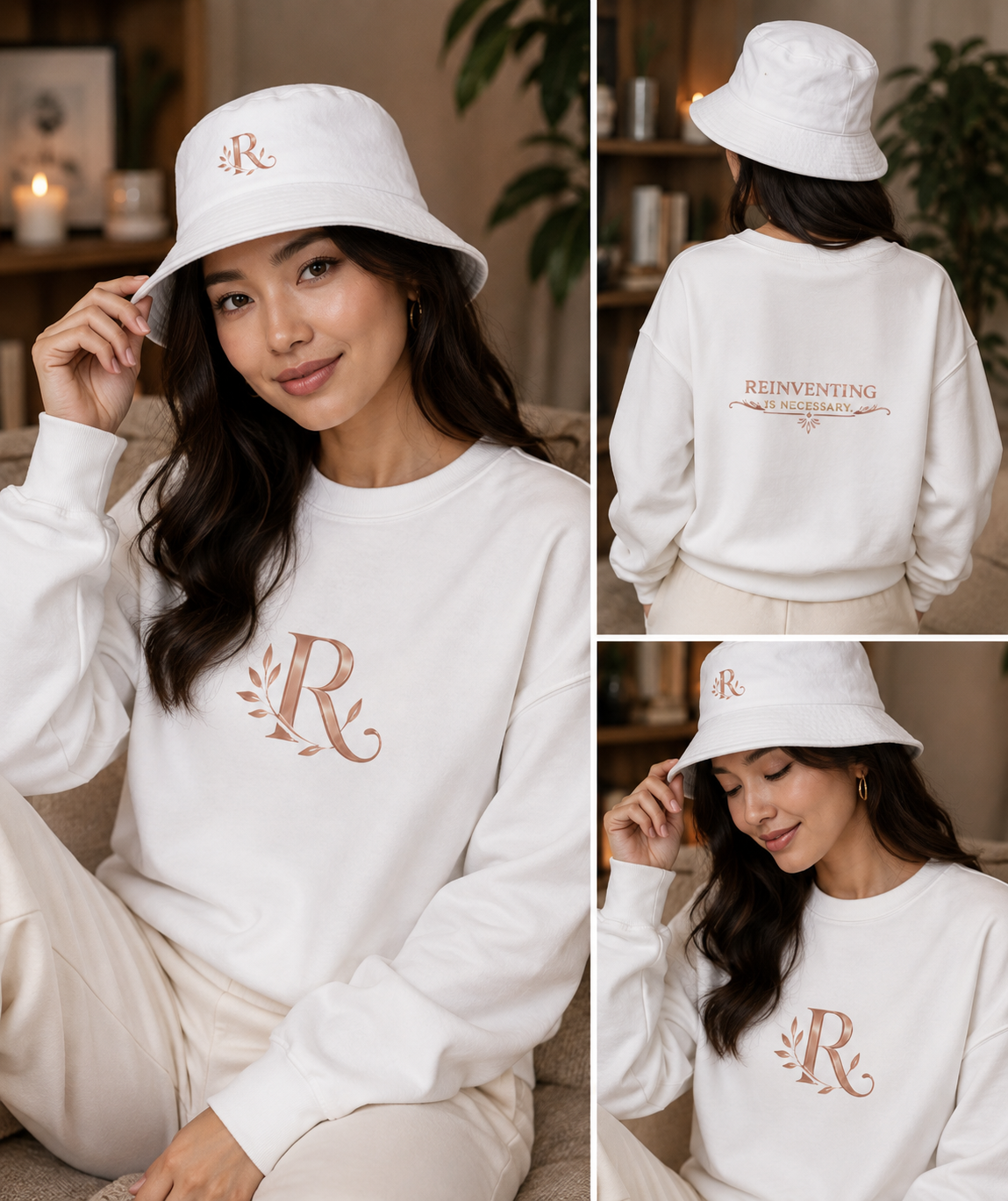 Woman wearing the white Reinvent Oneself crewneck and matching bucket hat