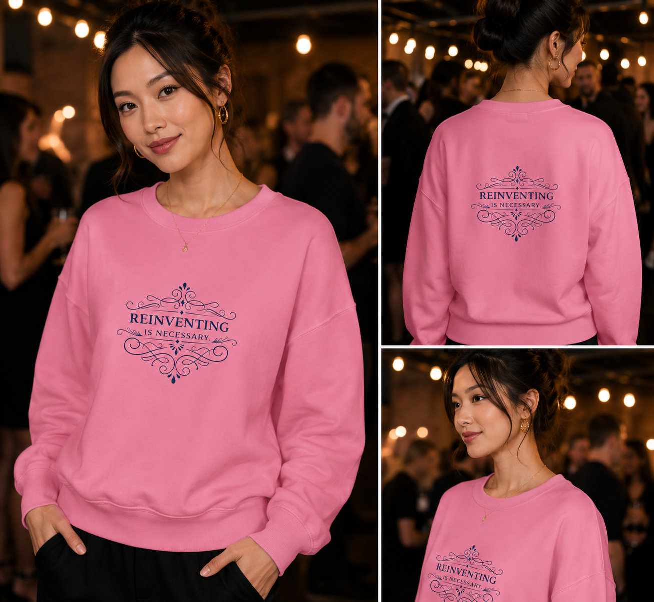 Woman wearing the pink Reinventing Is Necessary crewneck sweatshirt, front and back views