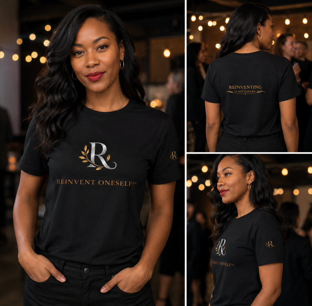 Woman wearing the black Reinvent Oneself signature tee with gold crest, front and back views
